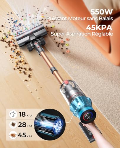 Fieety 45Kpa/550W Aspirateur Balai sans Fil, 60Mins Aspirateur sans Fil Puissant avec Écran Tactile Rechargeable Support Mural, 1,5L Aspirateur Balai pour Tapis, Sols Durs et Poils d'animaux – Image 3