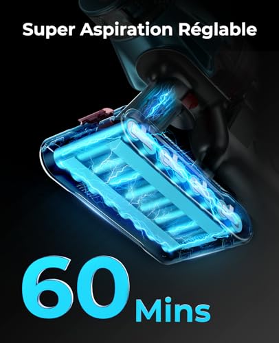 Fieety 45Kpa/550W Aspirateur Balai sans Fil, 60Mins Aspirateur sans Fil Puissant avec Écran Tactile Rechargeable Support Mural, 1,5L Aspirateur Balai pour Tapis, Sols Durs et Poils d'animaux – Image 4