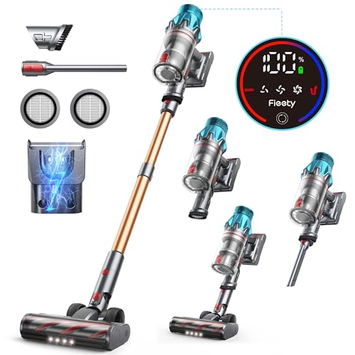 Fieety 45Kpa/550W Aspirateur Balai sans Fil, 60Mins Aspirateur sans Fil Puissant avec Écran Tactile Rechargeable Support Mural, 1,5L Aspirateur Balai pour Tapis, Sols Durs et Poils d'animaux