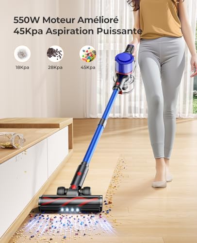 Fieety 550W/45Kpa Aspirateur Balai sans Fil, 60Min Apirateur sans Fil avec Parfumé Rechargeable Mural Brosse de Canapé Brosse Anti-emmêlement, Aspirateur Balai pour Tapis, Sols Durs et Poils d'animaux – Image 3