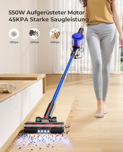 Fieety Aspirateur sans fil, 450 W/38000 Pa, longue durée de vie, avec écran tactile LED, station de charge murale, brosse anti-nœuds, tablette de parfum pour sols durs, tapis et poils d'animaux – Image 3