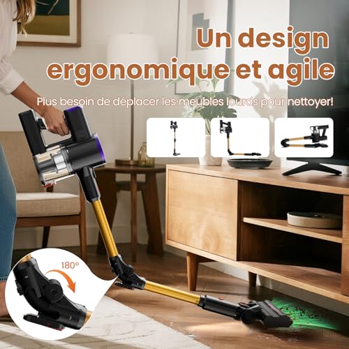 Zynet S9 Aspirateur Balai sans Fil, 45kPa/500W/45Min Aspirateur sans Fil, Tube Pliable, Station de Charge Autonome et Murale, avec Lumière Verte, Adapté aux Poils d'animaux/Tapis/Sols Durs – Image 3