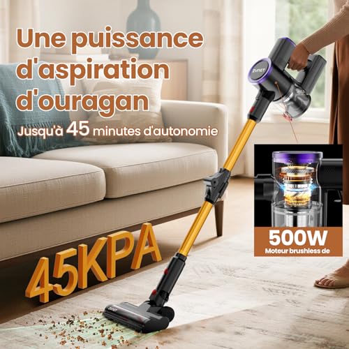 Zynet S9 Aspirateur Balai sans Fil, 45kPa/500W/45Min Aspirateur sans Fil, Tube Pliable, Station de Charge Autonome et Murale, avec Lumière Verte, Adapté aux Poils d'animaux/Tapis/Sols Durs – Image 4