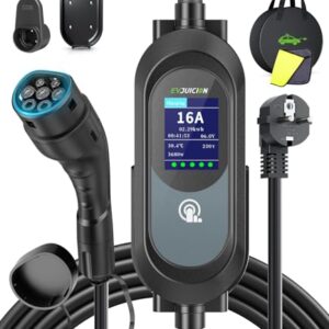 Evjuicion Chargeur Voiture Electrique [3,68KW, 8-16A, 0-12H, IP67] EV Chargeur Type 2 avec Grand écran LED et Support Mural Portabilité Cable Recharge Voiture Électrique avec Sac et Support Câble
