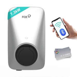 FoxEss 7,3 KW Chargeur EV Type 2 avec Application Intelligente, Borne de Recharge monophasée 8A-32A, 230V Wallbox, IP65, WiF et RFID, Argenté (sans câble de Charge)