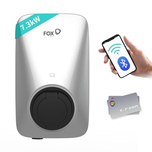 FoxEss 7,3 KW Chargeur EV Type 2 avec Application Intelligente, Borne de Recharge monophasée 8A-32A, 230V Wallbox, IP65, WiF et RFID, Argenté (sans câble de Charge)