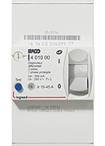 LEGRAND | Disjoncteur Différentiel Baco 2P 15/45A 500mA, Protection Contre Les Surcharges Et Courts-Circuits, Réglage De Calibre 15A À 45A, Protection Contre Les Contacts Indirects.