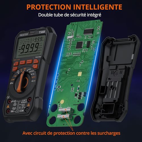 Multimetre Automatique NCV, Proster 9999Compt Multimètre Numérique TRMS Magnétique Grand Ecran, Alerte Jack pour Mesure Cêtes Tension/Courant AC/DC Continuité Résistance Température Capacité – Image 4