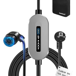 RamTouch Chargeur Voiture Électrique (3,68 KW, 5 m, Type 2, Schuko 16A) – Câble Recharge Véhicule Électrique avec LED, Borne de Recharge Mobile Compatible avec Véhicules Électriques et Hybrides