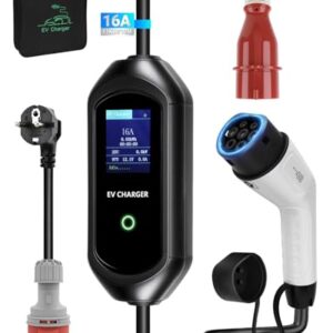 SUPAREE 10M Chargeur Voiture Electrique CEE Chargeur de Voiture Electrique 11KW Borne de Recharge Véhicule Électrique avec Temporisateur Adaptateur CEE à Schuko Triphasé Courant Réglable 6-16A