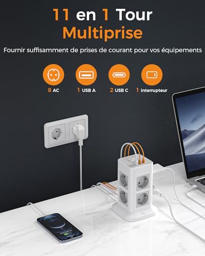 TESSAN Multiprise Tour, Parafoudre Parasurtenseur avec 8 Prises et 3 Ports USB, Prise Multiple avec Interrupteur, Bloc Electrique pour Bureau et Maison – Image 3