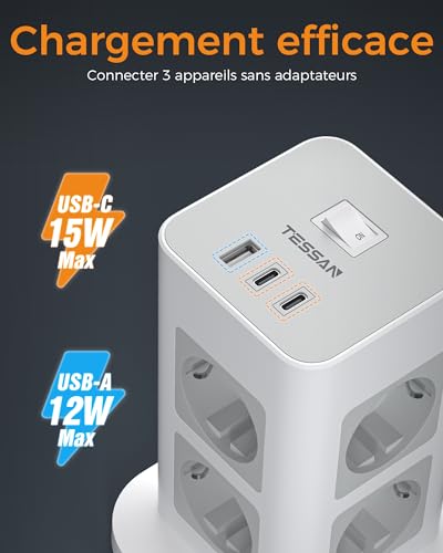 TESSAN Multiprise Tour, Parafoudre Parasurtenseur avec 8 Prises et 3 Ports USB, Prise Multiple avec Interrupteur, Bloc Electrique pour Bureau et Maison – Image 4