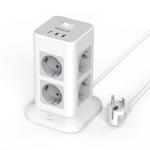 TESSAN Multiprise Tour, Parafoudre Parasurtenseur avec 8 Prises et 3 Ports USB, Prise Multiple avec Interrupteur, Bloc Electrique pour Bureau et Maison