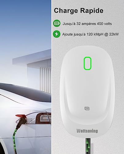 Wattsaving Chargeur EV Triphasé 22kW/11kW Monophasé 7kW/3,5kW - Borne de Recharge Vehicule Electrique avec Câble de Charge de Type 2 de 5 Mètres - Installation de Câblage – Image 3