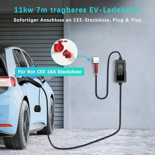 Borne de Recharge Mobile 11 KW triphasée, 7 m, CEE 8–16 A vers Type 2, Chargeur EV à Puissance réglable pour Tesla Model 3/Y, VW ID.3/4/5 et Autres véhicules électriques – Image 3