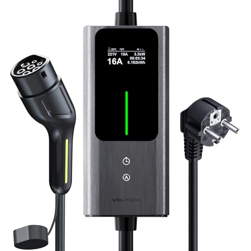 VDLPOWEREU Chargeur Voiture Electrique, 3,6kW | 5M EV Chargeur Type 2, Écran Tactile LED, Cable Recharge Véhicule Electrique 6-16A avec EU Schuko Prise, Borne de Recharge Monophasé IP65 (IEC 62196-2)